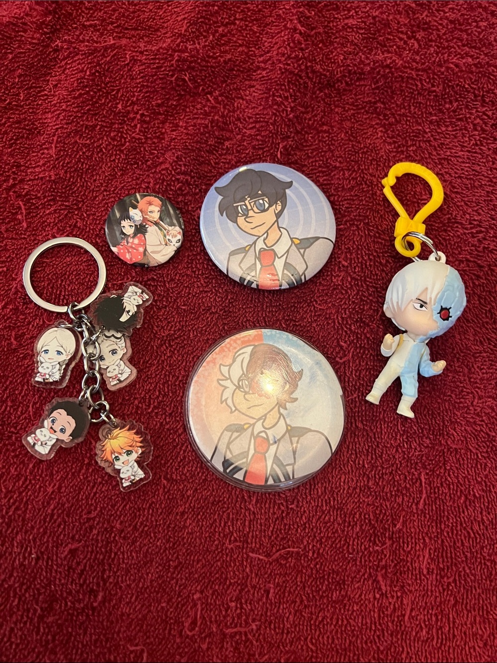 Anime Character Button & Keychain Lot in Red, White, Yellow